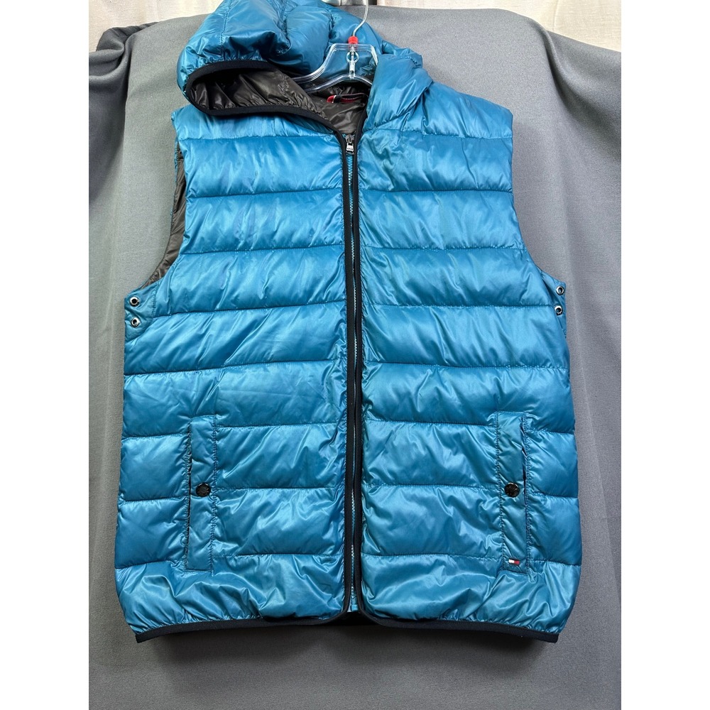 Tommy Hilfiger Men's Puffer Vest Teal Blue Hooded Quilted Full Zip Size Large